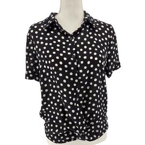 W5 Black White Polka Dot‎ Button Front Blouse Small Twist Hem Top
